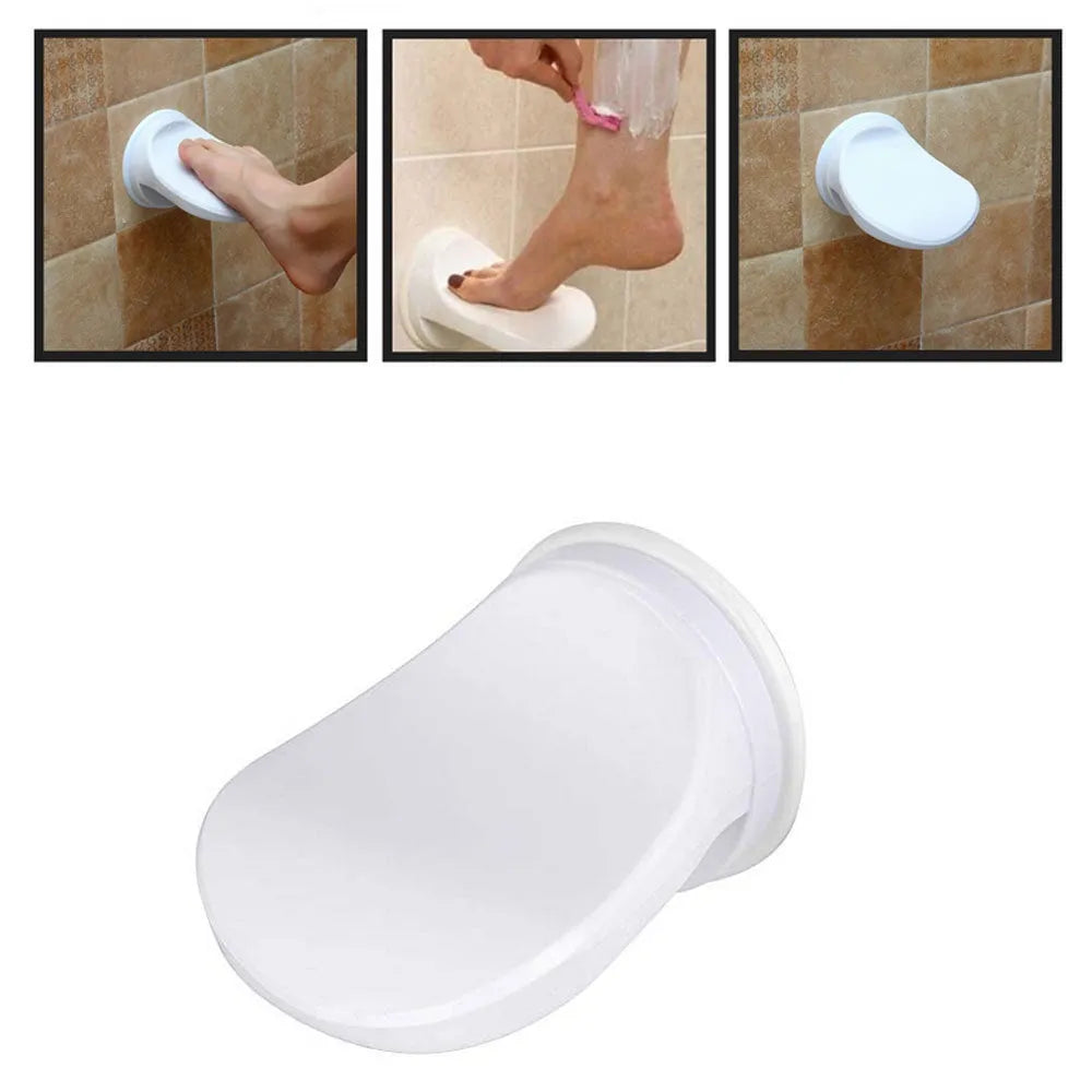 White plastic shower foot rest with suction cups for smooth tiles, 20KG balancing assist