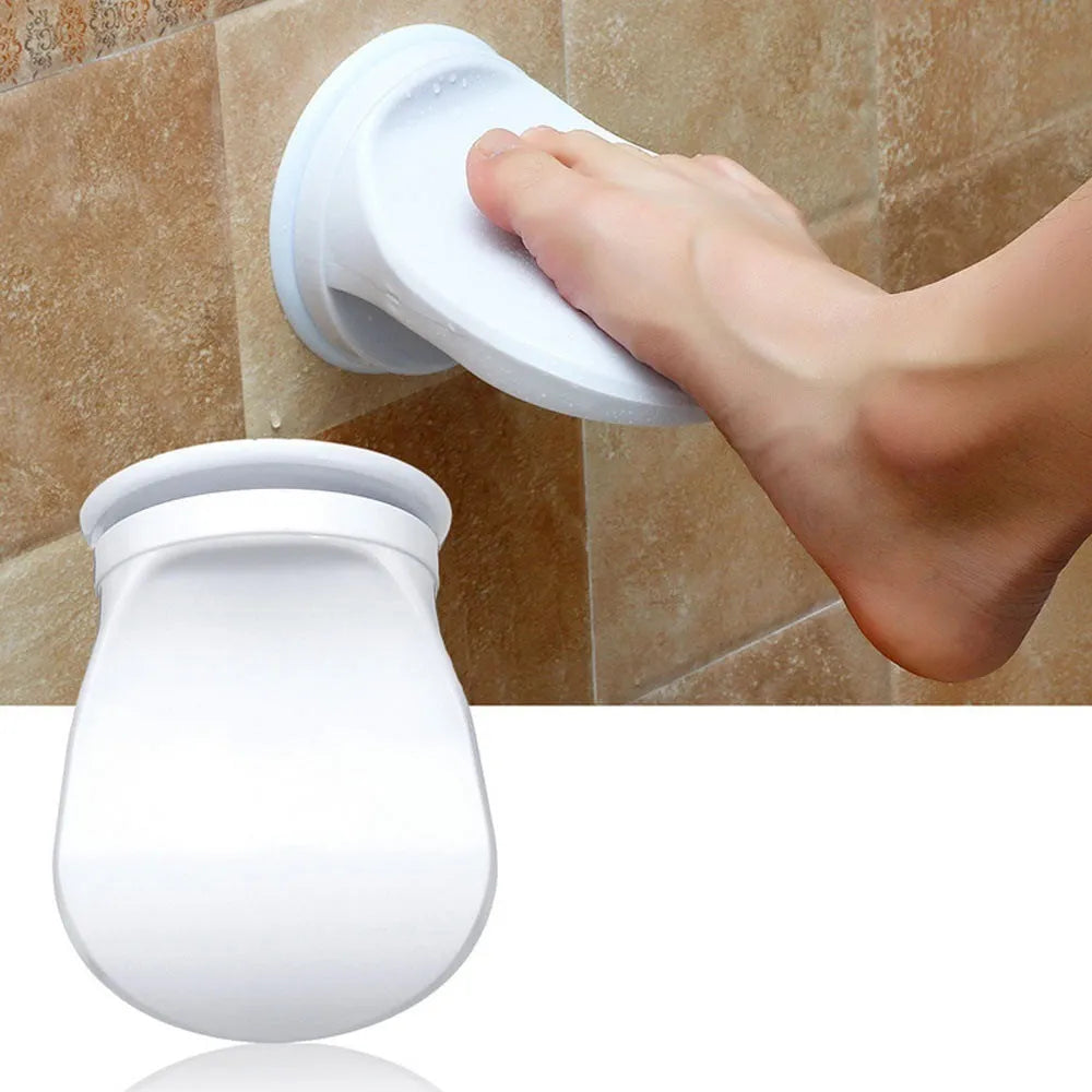 White plastic shower foot rest with suction cups for smooth tiles, 20KG balancing assist