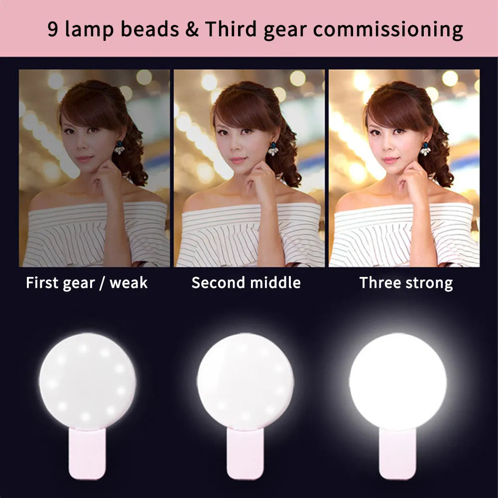 Round clip-on mobile phone fill light in four colours with professional flash specifications