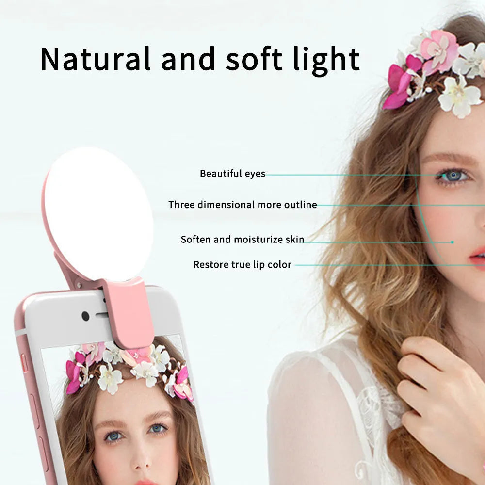 Round clip-on mobile phone fill light in four colours with professional flash specifications