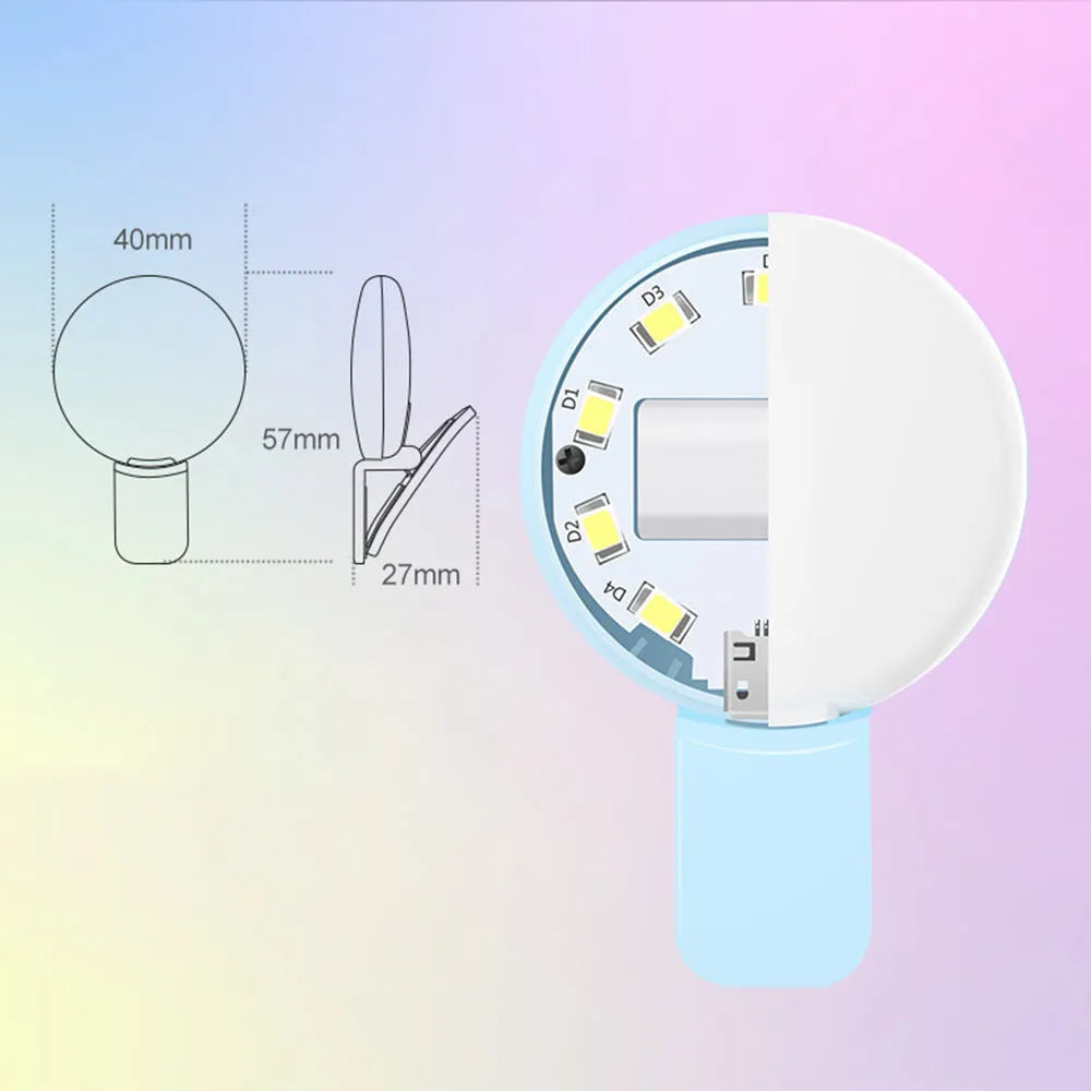 Round clip-on mobile phone fill light in four colours with professional flash specifications