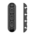 Black soft plastic desktop magnetic data cable organiser on a desk