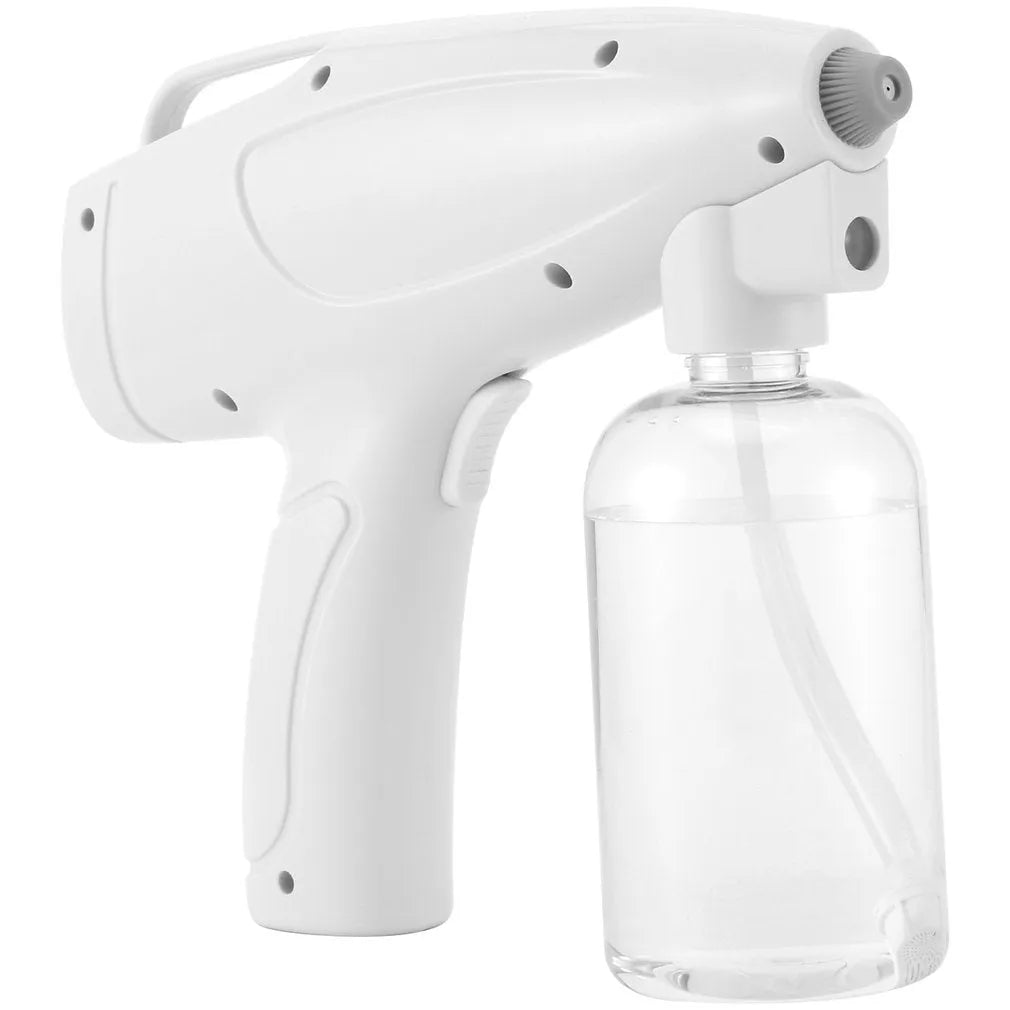 White handheld cordless spray disinfection gun with USB Type-C charging port and anti-blocking nozzle
