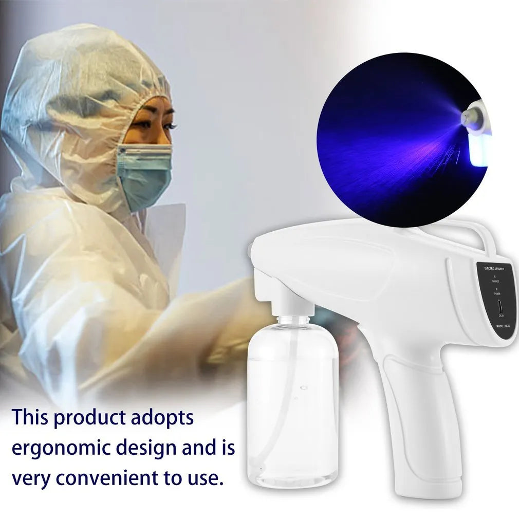 White handheld cordless spray disinfection gun with USB Type-C charging port and anti-blocking nozzle