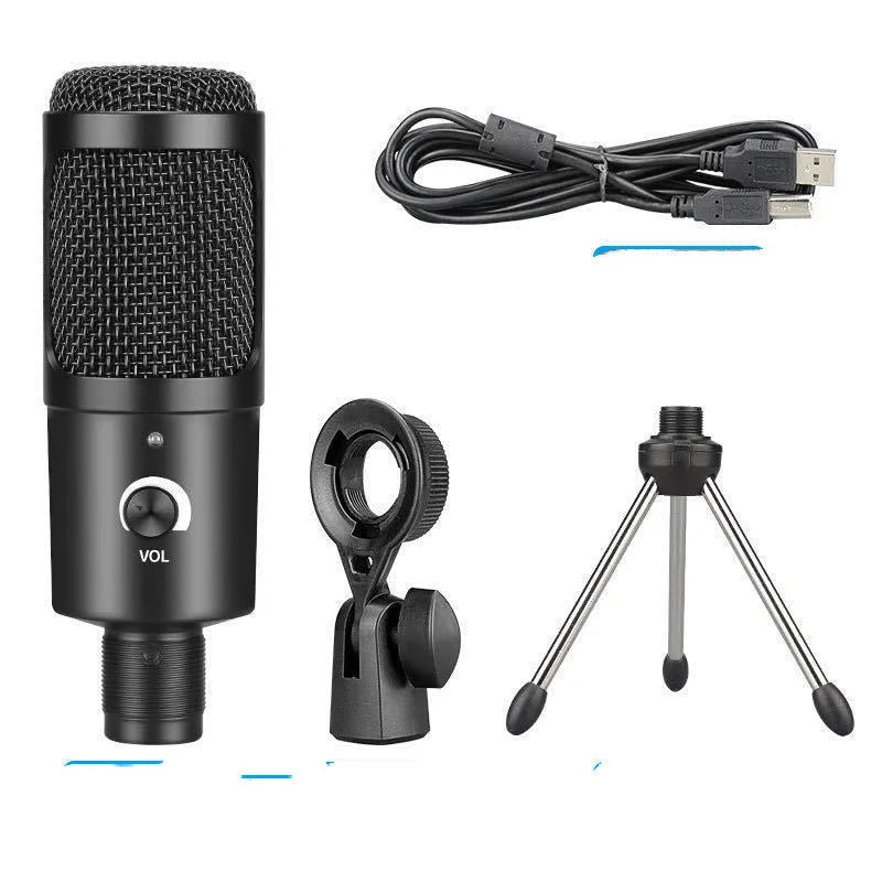 Black USB condenser microphone with heart-shaped pickup pattern on adjustable desktop stand