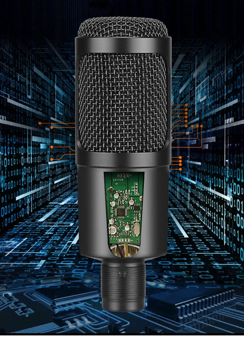 Black USB condenser microphone with heart-shaped pickup pattern on adjustable desktop stand