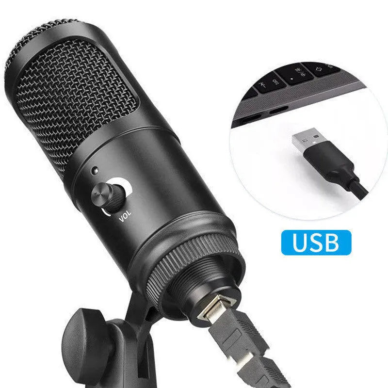 Black USB condenser microphone with heart-shaped pickup pattern on adjustable desktop stand