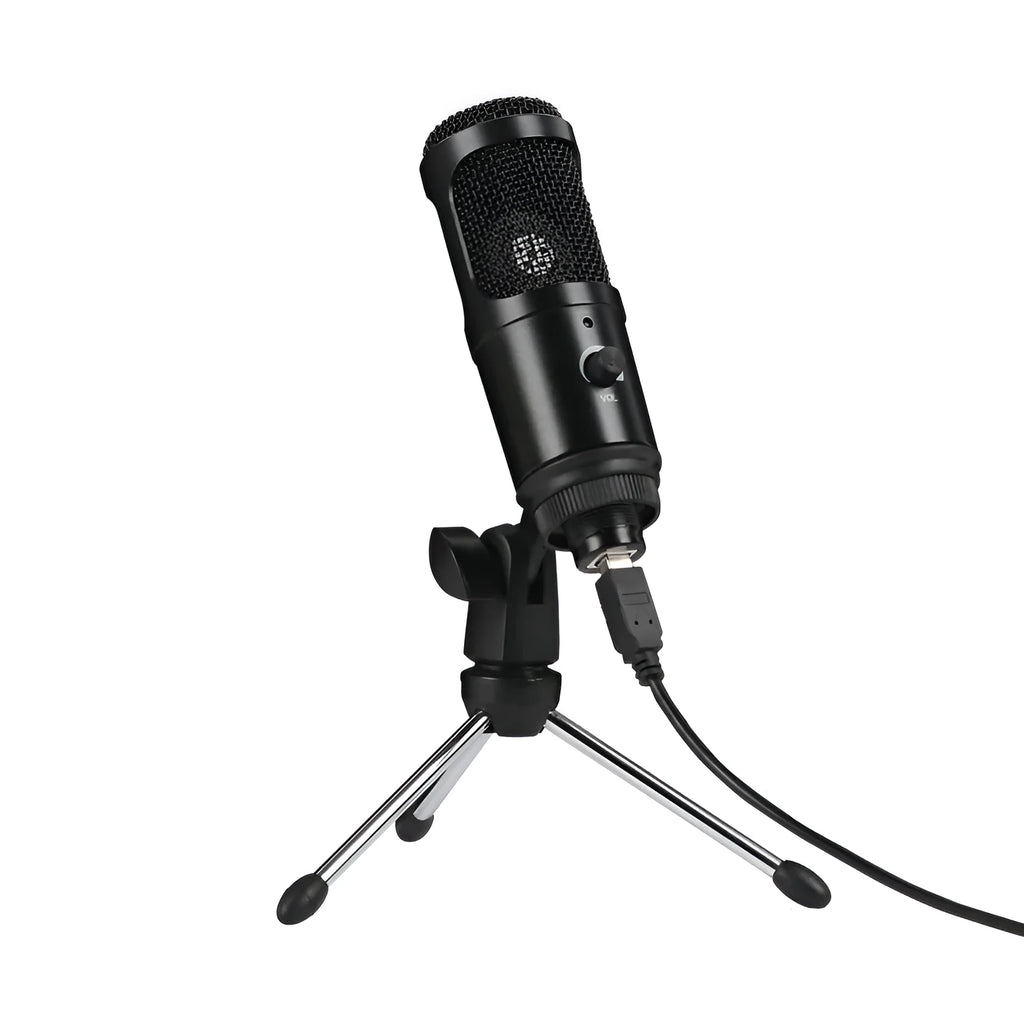 Black USB condenser microphone with heart-shaped pickup pattern on adjustable desktop stand