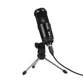 Black USB condenser microphone with heart-shaped pickup pattern on adjustable desktop stand