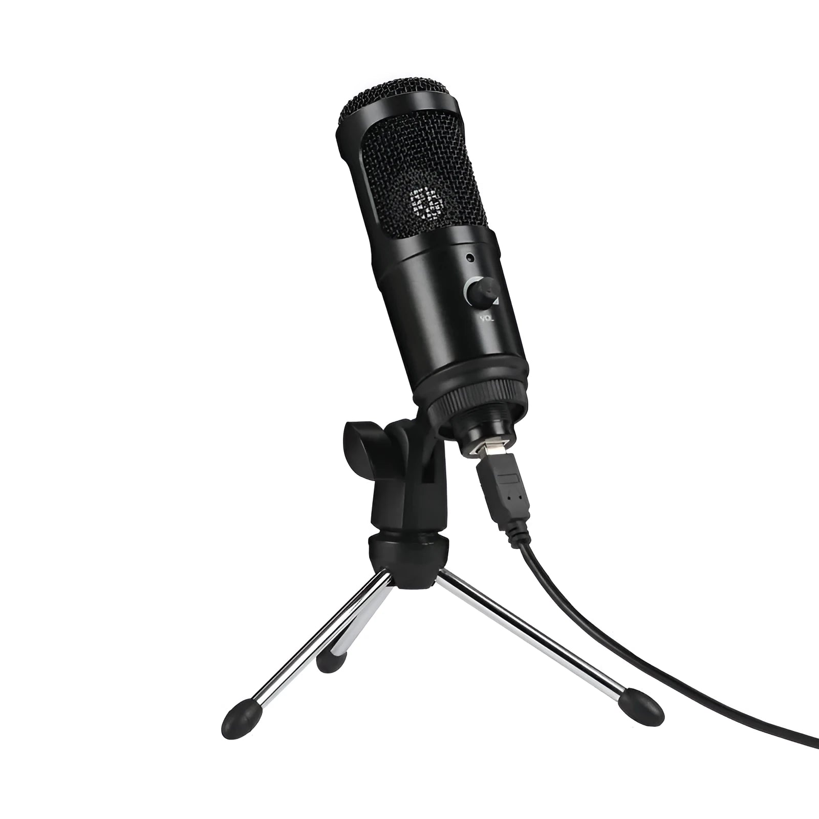 Black USB condenser microphone with heart-shaped pickup pattern on adjustable desktop stand