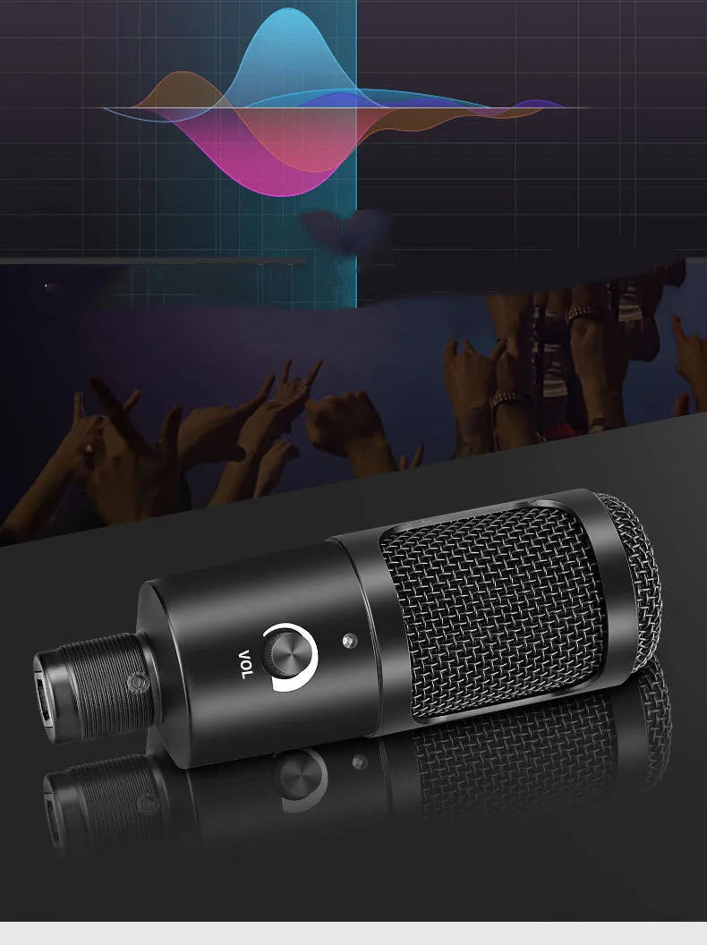 Black USB condenser microphone with heart-shaped pickup pattern on adjustable desktop stand