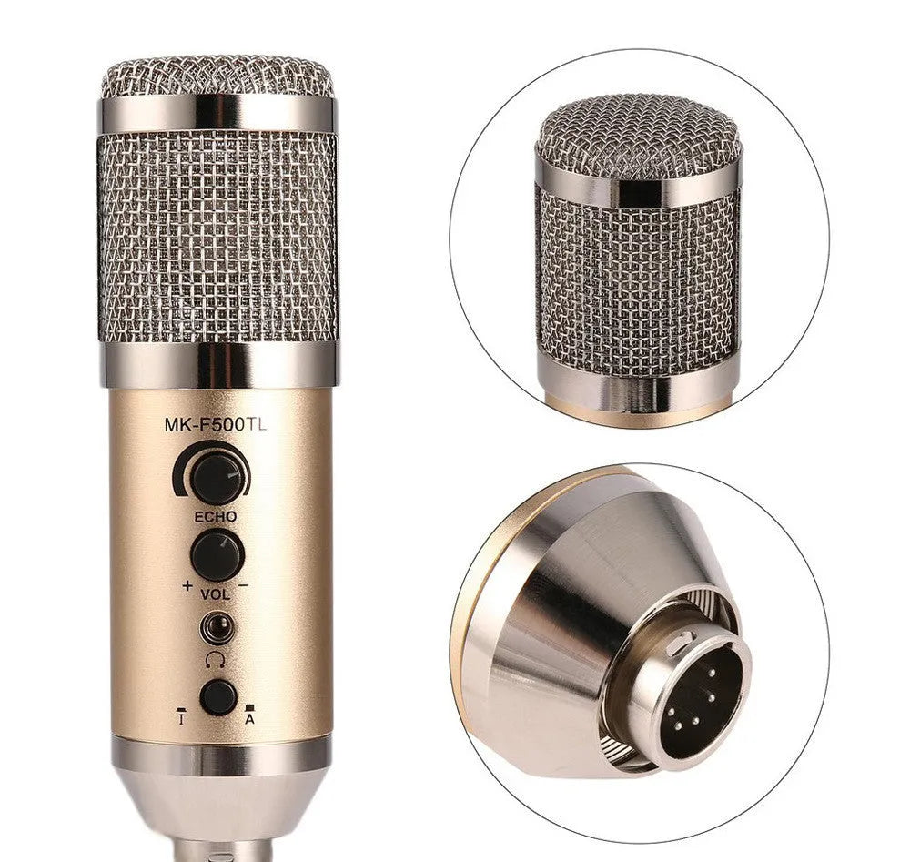 Gold condenser microphone with mounting bracket for mobile phone and computer recording