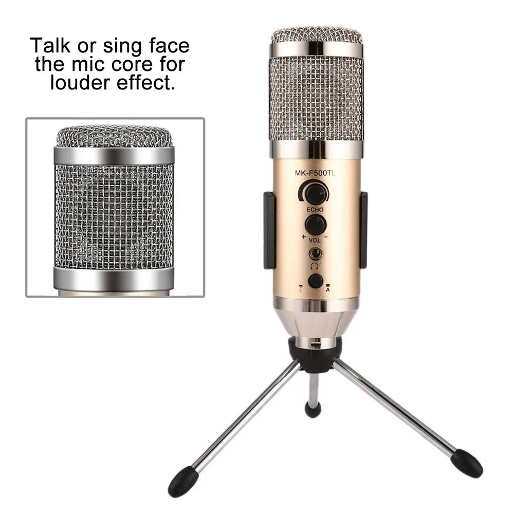 Gold condenser microphone with mounting bracket for mobile phone and computer recording