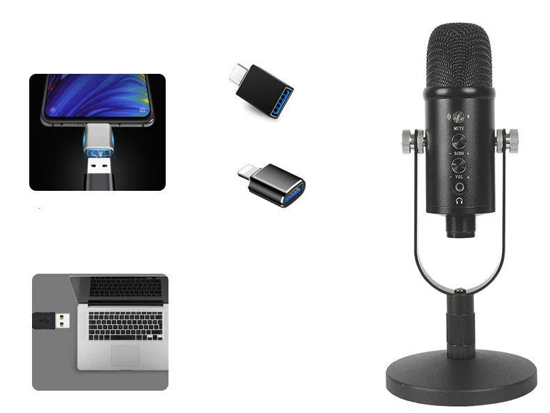 JIY BM-86PRO black USB condenser microphone with metal base and foam windscreen for desktop recording