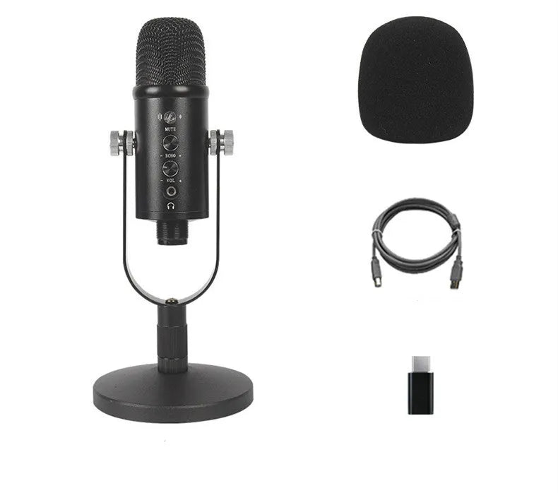 JIY BM-86PRO black USB condenser microphone with metal base and foam windscreen for desktop recording
