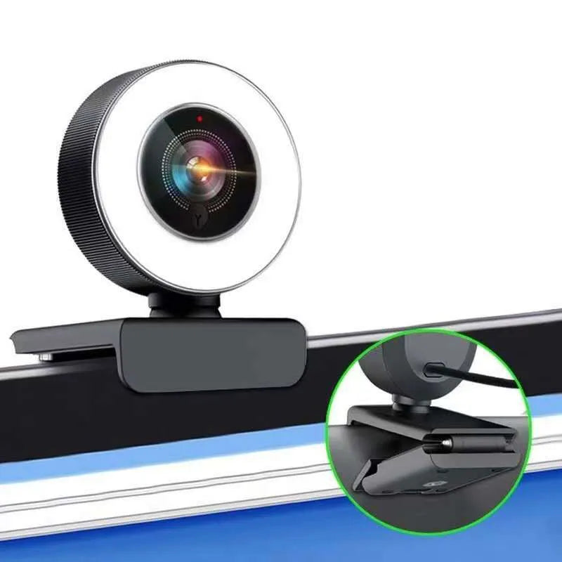 Black HD USB computer webcam with fill light for video conferences and online meetings