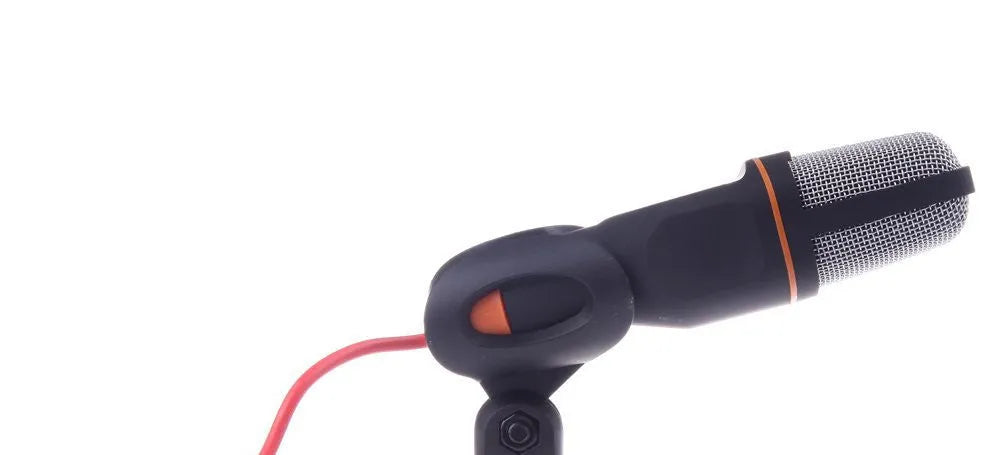 Black wired PC microphone with clip holder measuring 13.3cm height and 1.85m cable for chatting and karaoke