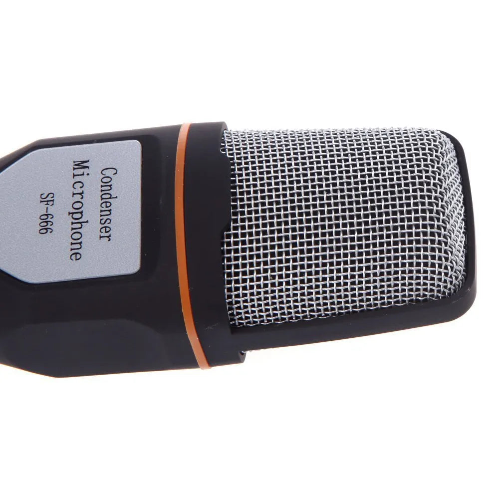 Black wired PC microphone with clip holder measuring 13.3cm height and 1.85m cable for chatting and karaoke