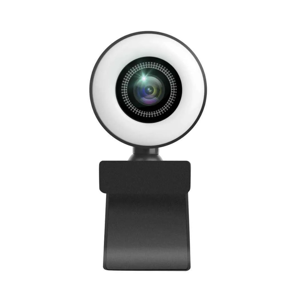 2K resolution USB webcam with ring of LED lights around the lens on a black ABS plastic body.