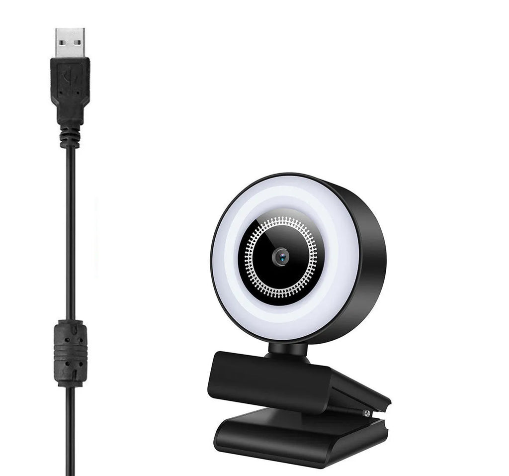2K resolution USB webcam with ring of LED lights around the lens on a black ABS plastic body.