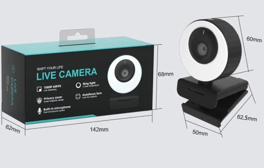 Black USB webcam with magnetic privacy cover, 1080p resolution, 60 FPS, built-in microphone, and night vision function