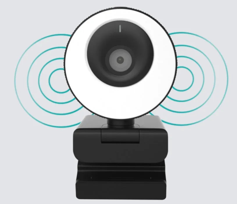 Black USB computer camera with 1080p resolution, built-in microphone, and magnetic privacy cover on a desktop