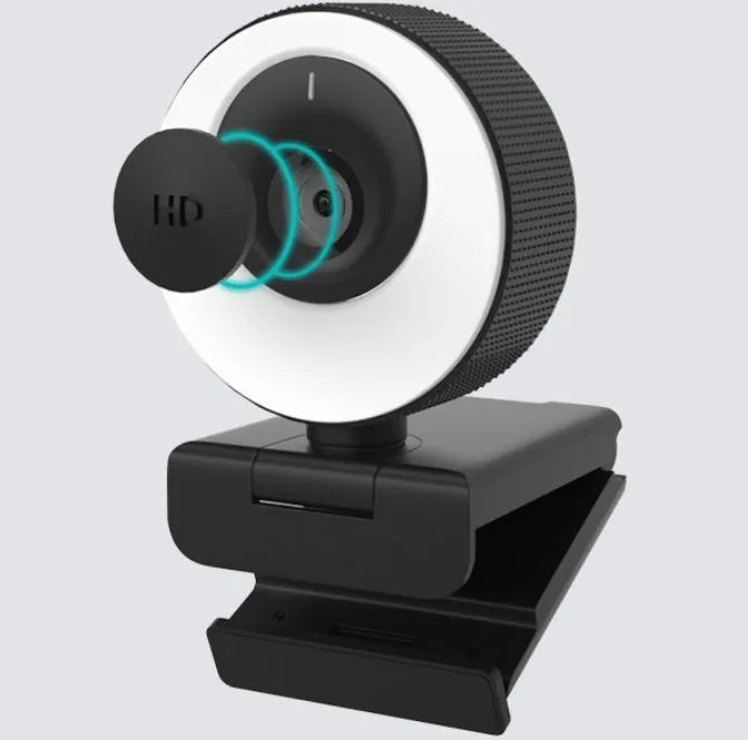 Black USB webcam with magnetic privacy cover, 1080p resolution, 60 FPS, built-in microphone, and night vision function