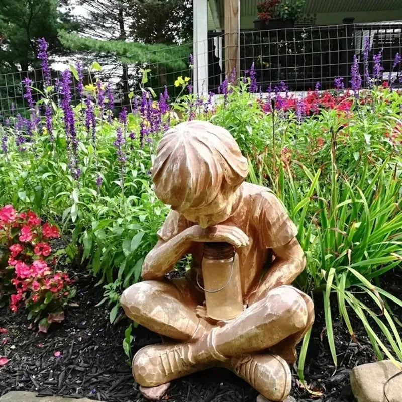 Natural resin brown little boy figure tabletop garden decoration statue