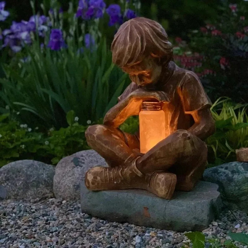 Natural resin brown little boy figure tabletop garden decoration statue