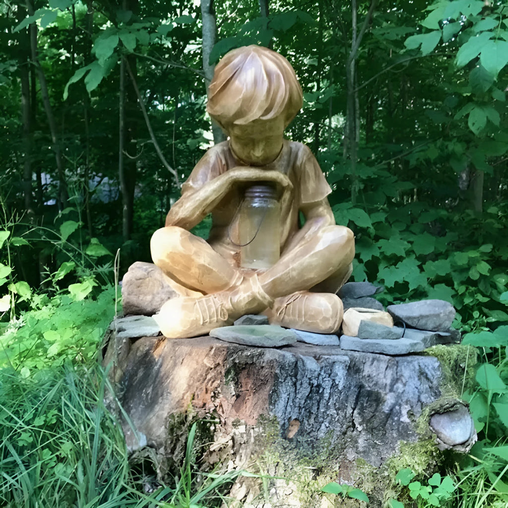 Natural resin brown little boy figure tabletop garden decoration statue
