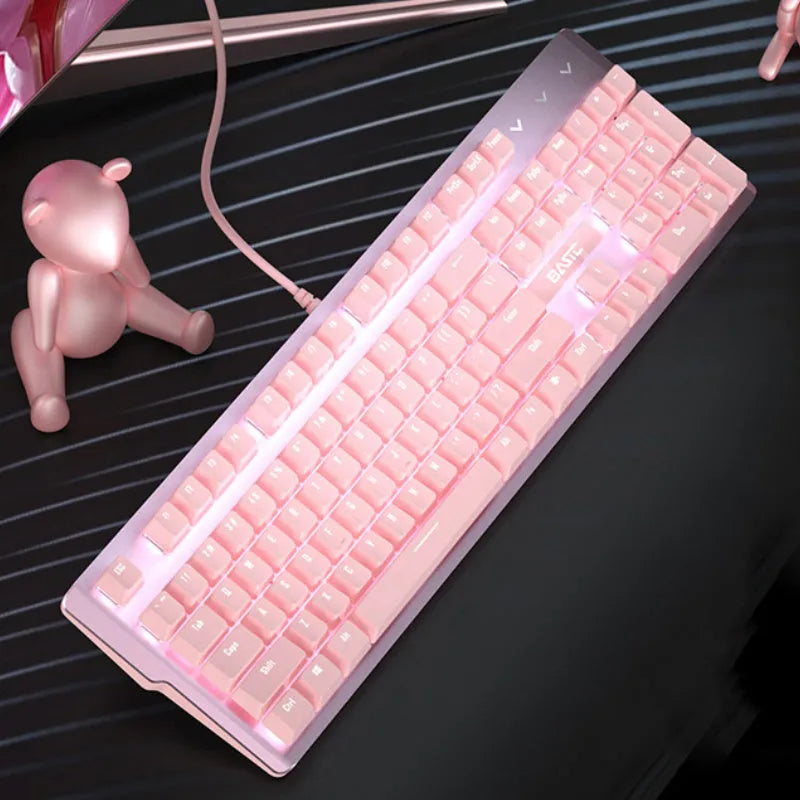 Pink mechanical keyboard and wired mouse set with green switches and USB connectivity
