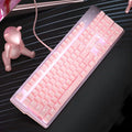 Pink mechanical keyboard and wired mouse set with green switches and USB connectivity