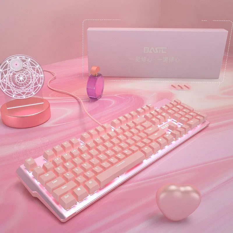 Pink mechanical keyboard and wired mouse set with green switches and USB connectivity