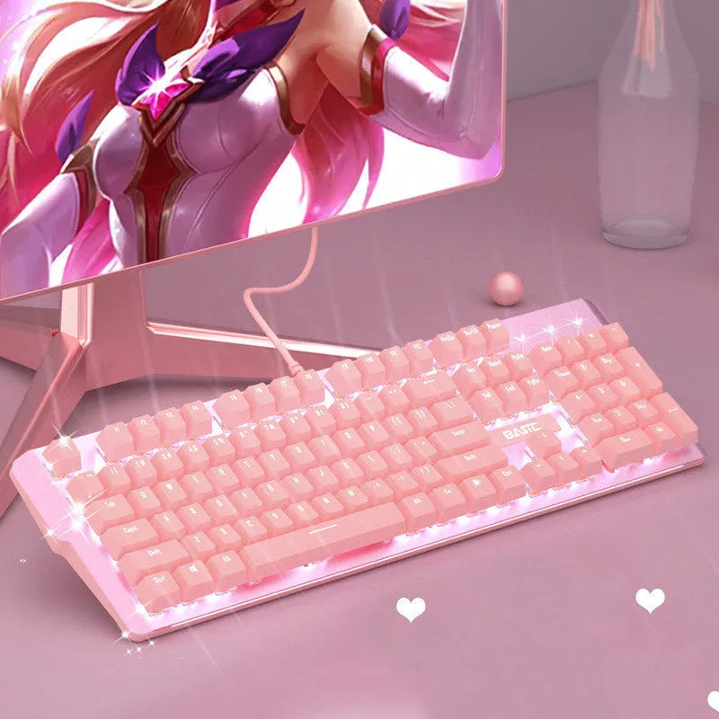 Pink mechanical keyboard and wired mouse set with green switches and USB connectivity