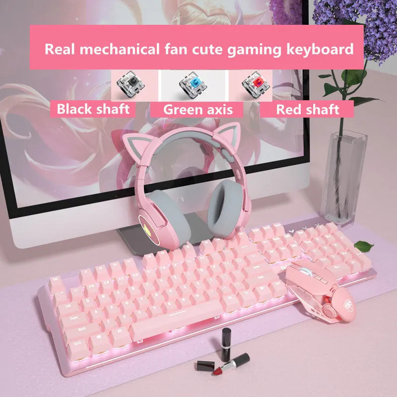 Pink mechanical keyboard and wired mouse set with green switches and USB connectivity