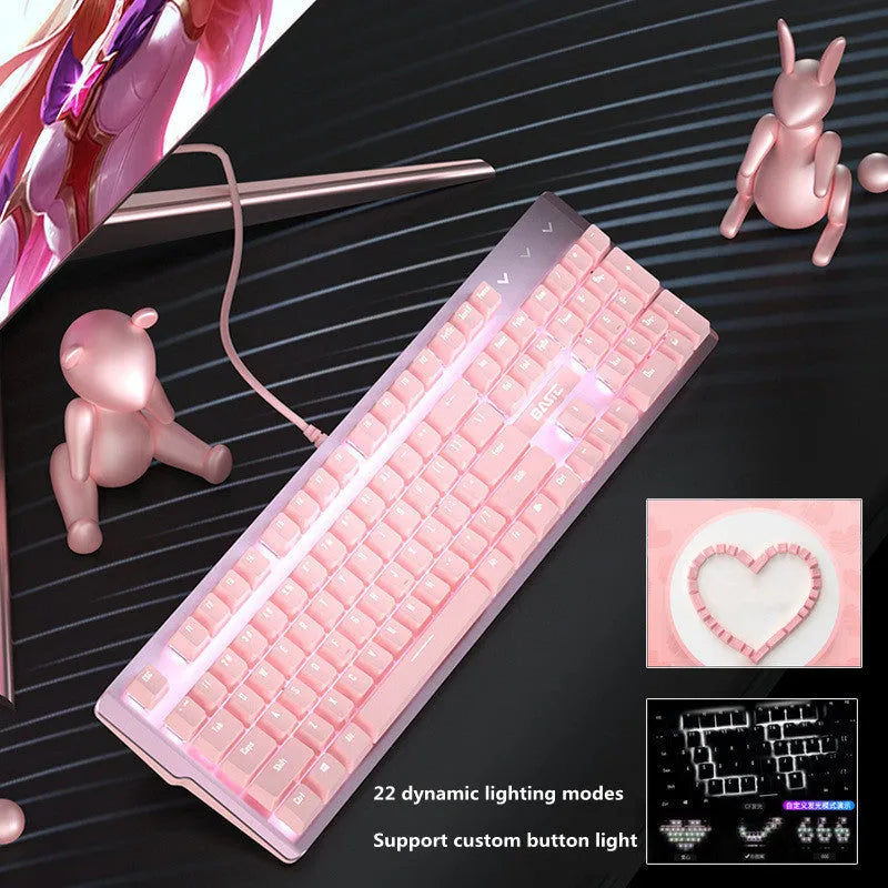 Pink mechanical keyboard and wired mouse set with green switches and USB connectivity