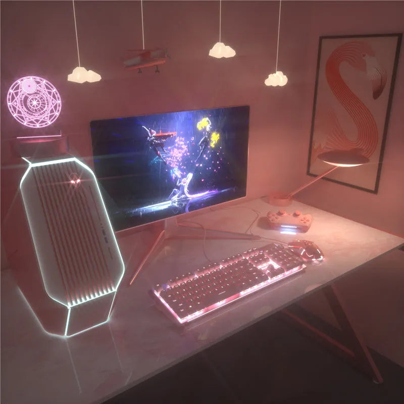 Pink mechanical keyboard and wired mouse set with green switches and USB connectivity