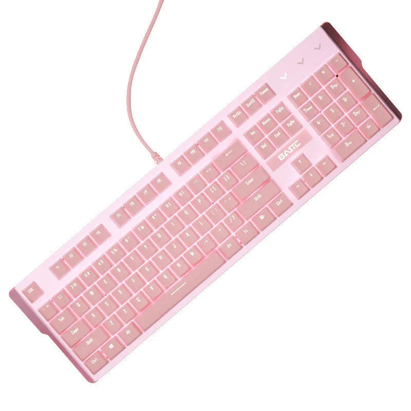 Pink mechanical keyboard and wired mouse set with green switches and USB connectivity