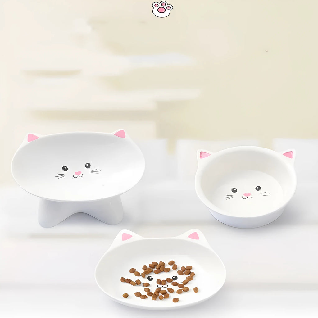 Ceramic cat face-shaped pet food bowl with porcelain construction