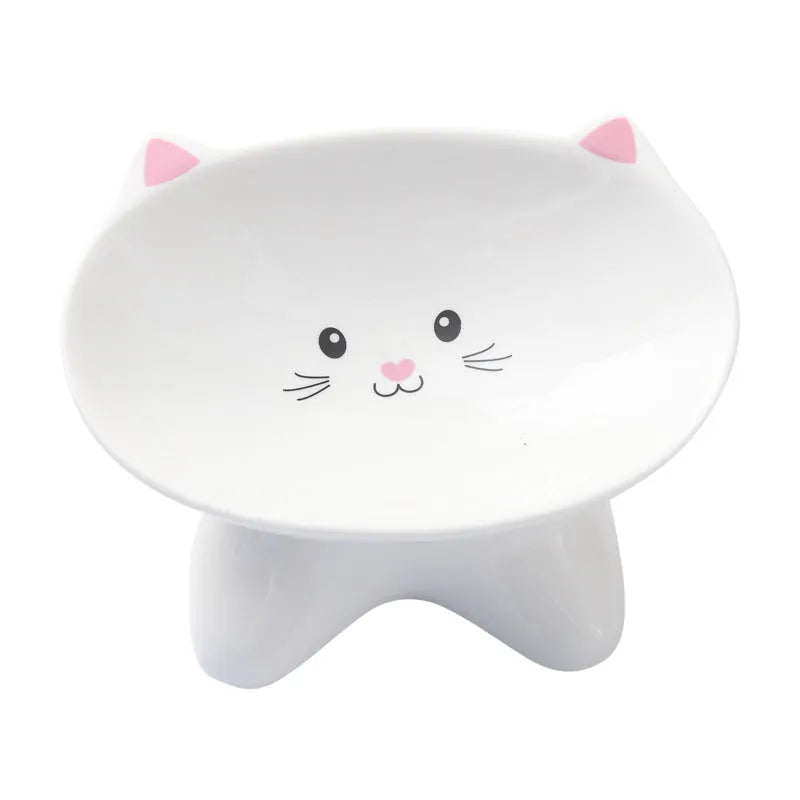 Ceramic cat face-shaped pet food bowl with porcelain construction