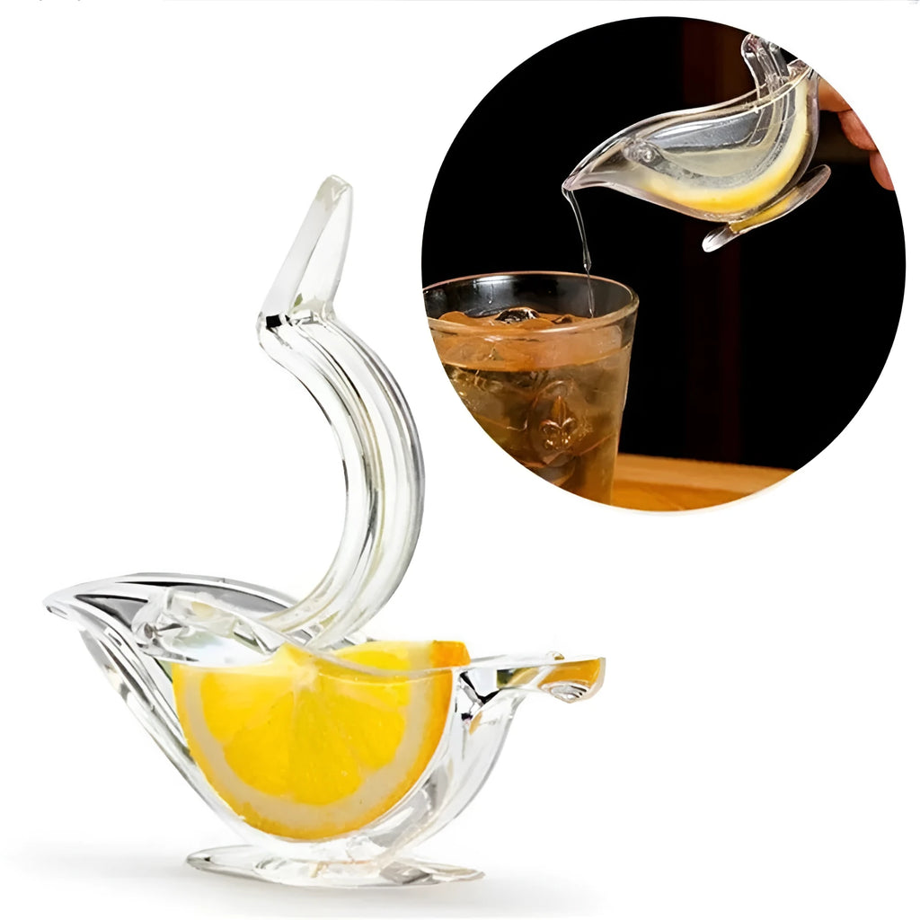 Transparent acrylic bird-shaped manual lemon juicer on a kitchen counter