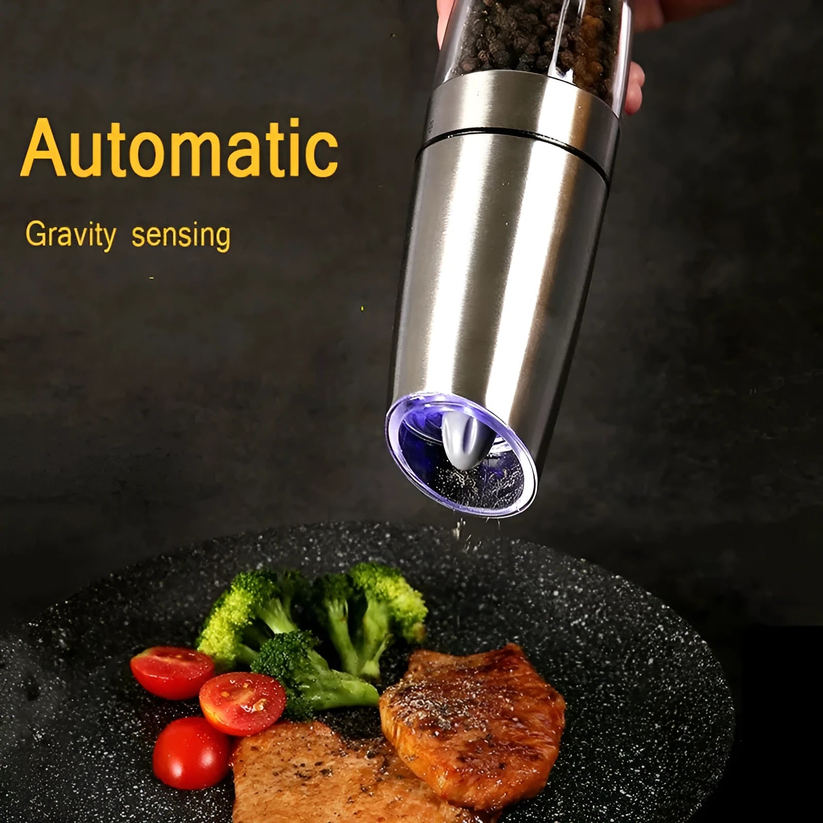 Electric gravity pepper grinder in matte black or silver with adjustable coarseness knob and acrylic bottle