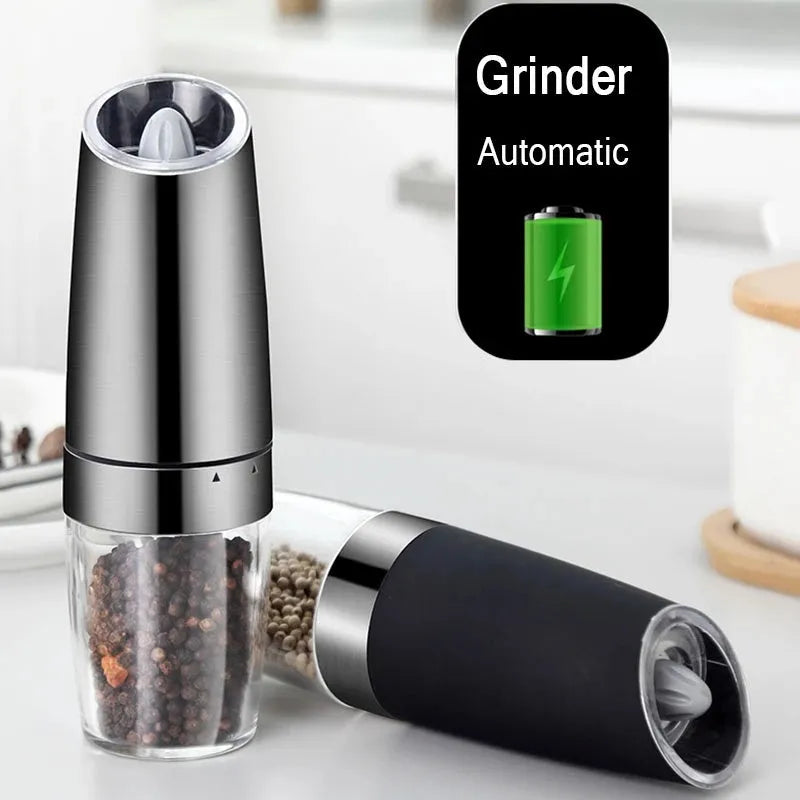 Electric gravity pepper grinder in matte black or silver with adjustable coarseness knob and acrylic bottle