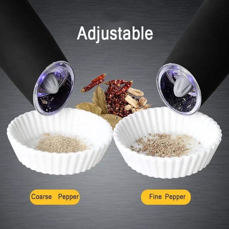 Electric gravity pepper grinder in matte black or silver with adjustable coarseness knob and acrylic bottle