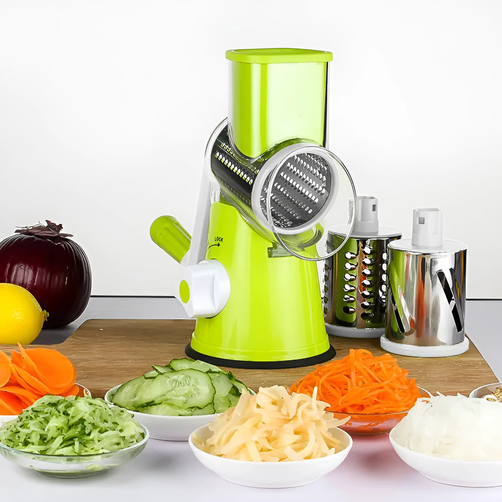 Blue multi-purpose vegetable chopper and food processor with suction cup base on a kitchen counter.