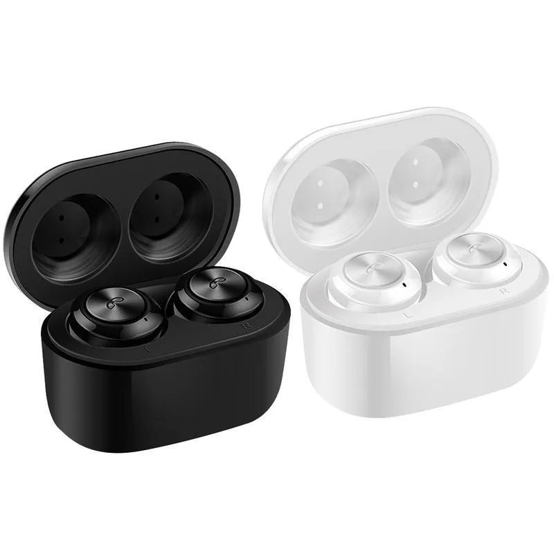 Black and white A6 noise-cancelling Bluetooth wireless headset with in-ear design.