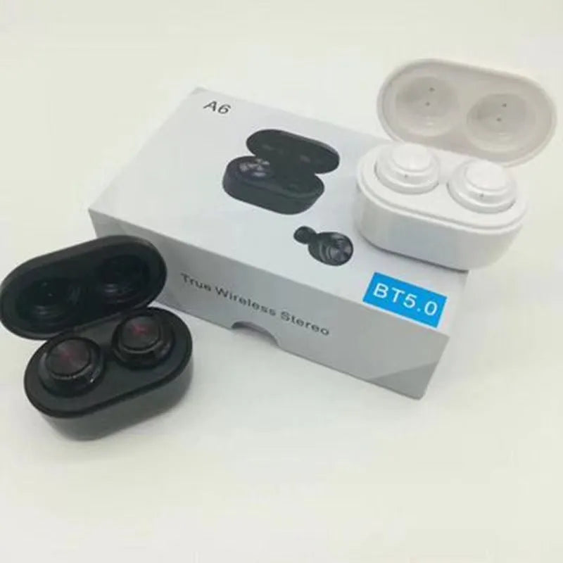 Black and white A6 noise-cancelling Bluetooth wireless headset with in-ear design.