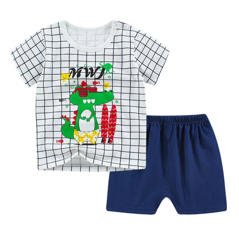 Cotton children's two-piece clothing set with cartoon print, showing T-shirt and shorts for infants