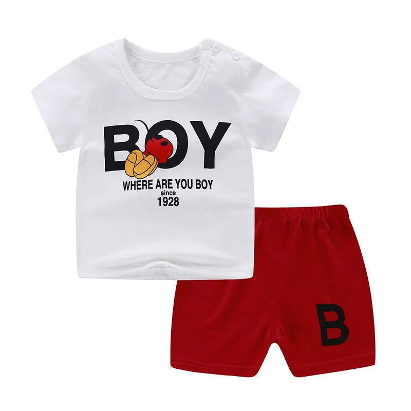 Cotton children's two-piece clothing set with cartoon print, showing T-shirt and shorts for infants