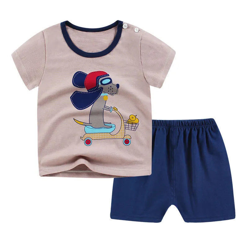 Cotton children's two-piece clothing set with cartoon print, showing T-shirt and shorts for infants